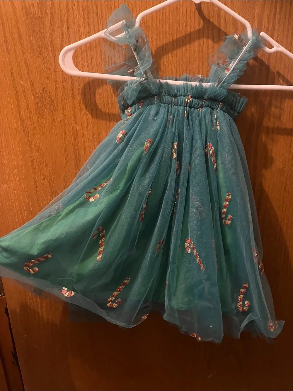 Teal Tulle Dress with Candy Cane Sequin Accents